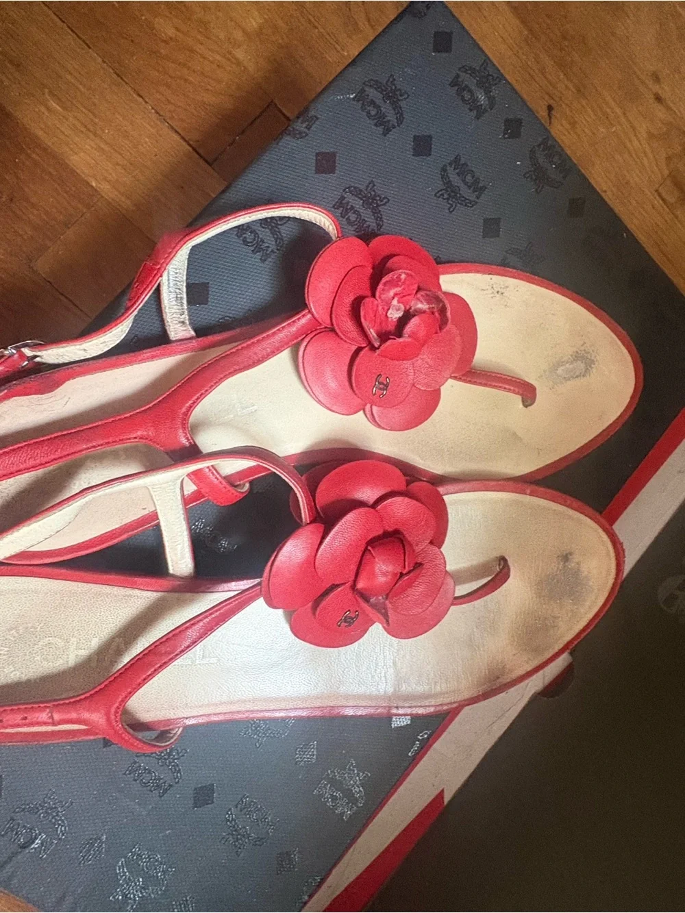 CHANEL Red Camellia Leather T-Strap Sandals